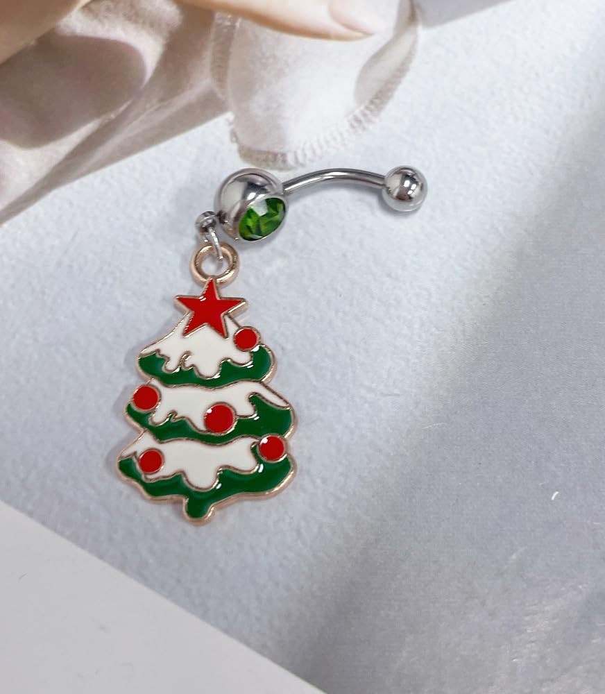 14g Christmas Tree Surgical Steel Green Belly Button Ring Navel Rings for Women Cute Dangle Screw Studs Barbell Piercings Sexy Jewelry Christmas Party Gift Her Daughter - 我的商店我的商店我的商店