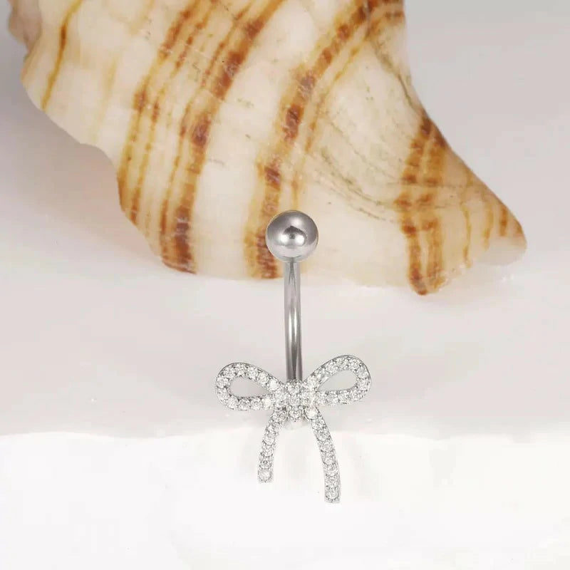 14G Cubic Ribbon Belly Button Ring Stainless Steel CZ Crystal Bowknot Navel Rings