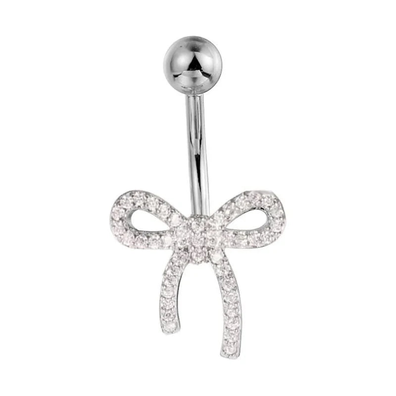14G Cubic Ribbon Belly Button Ring Stainless Steel CZ Crystal Bowknot Navel Rings