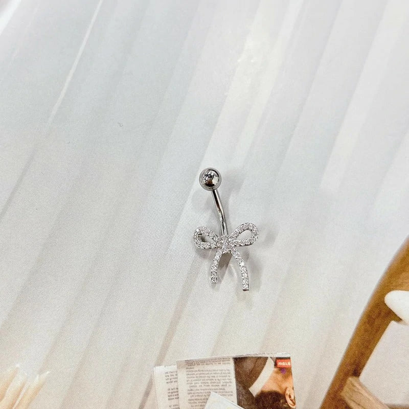 14G Cubic Ribbon Belly Button Ring Stainless Steel CZ Crystal Bowknot Navel Rings