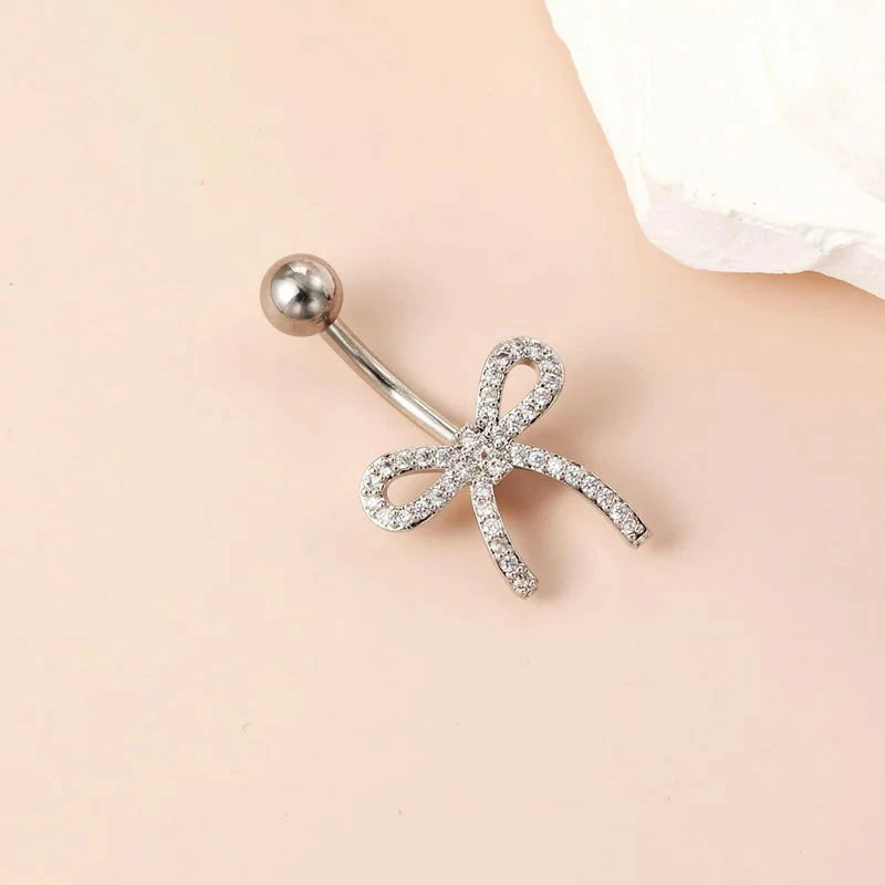 14G Cubic Ribbon Belly Button Ring Stainless Steel CZ Crystal Bowknot Navel Rings