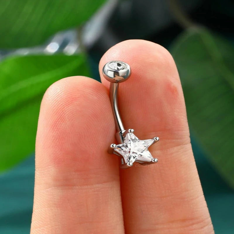 14g Cute Star Belly Button Ring Stainless Steel Clear CZ Belly Button Piercing