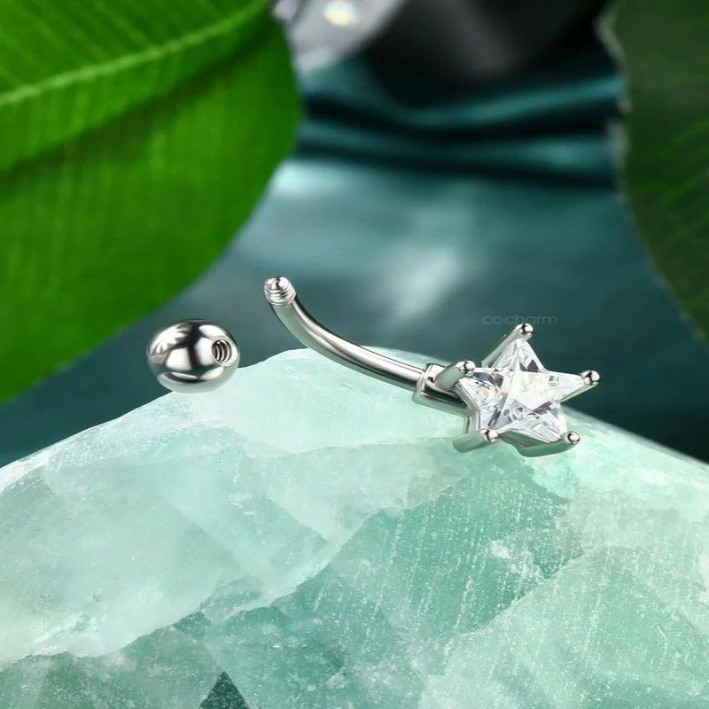 14g Cute Star Belly Button Ring Stainless Steel Clear CZ Belly Button Piercing