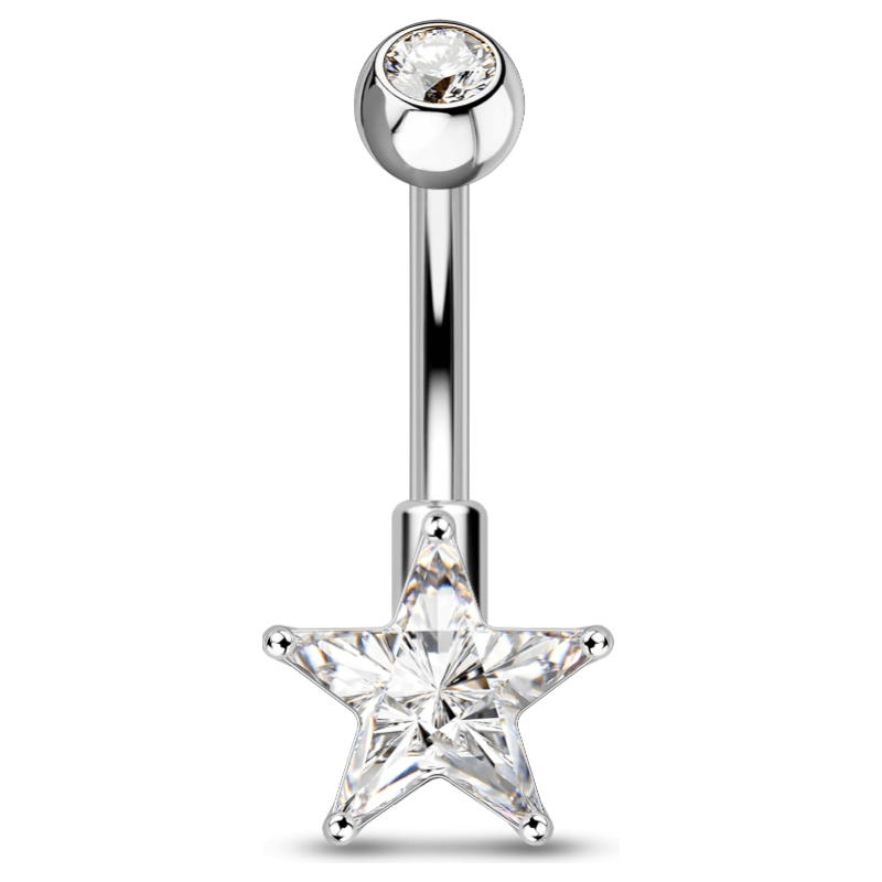 14g Cute Star Belly Button Ring Stainless Steel Clear CZ Belly Button Piercing Hypoallergenic Silver Navel Piercing Jewelry for Women - 我的商店我的商店我的商店