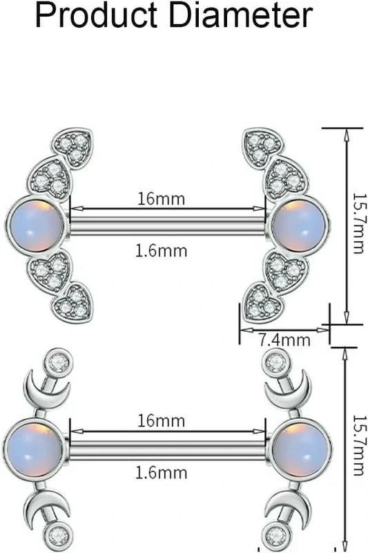 14G CZ Heart Nipple Rings Rhinestone Opal Simple Moon Nipple Shield Barbell Ring Nipple
