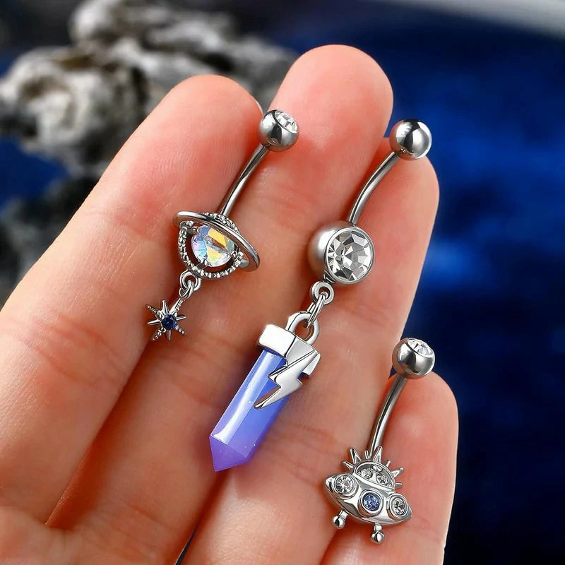 14G Dangle Belly Button Rings Steel Planet and Spaceship Piercing Moon