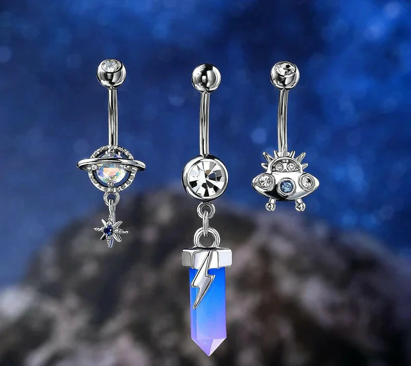 14G Dangle Belly Button Rings Steel Planet and Spaceship Piercing Moon