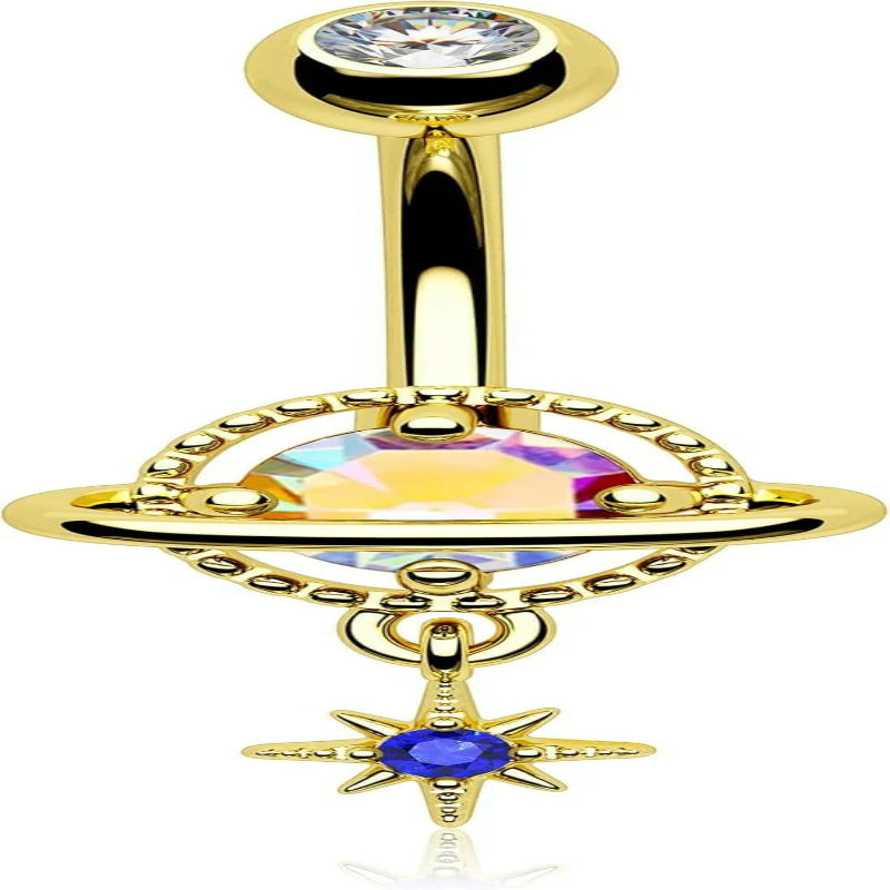 14G Dangle Belly Button Rings Steel Planet and Spaceship Piercing Moon