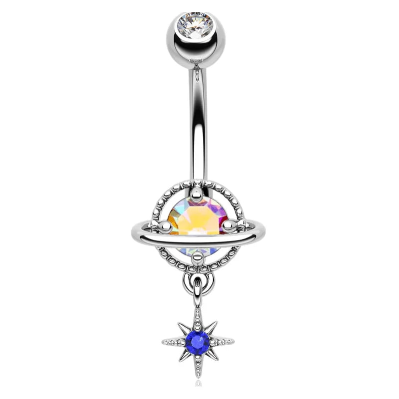14G Dangle Belly Button Rings Steel Planet and Spaceship Piercing Moon