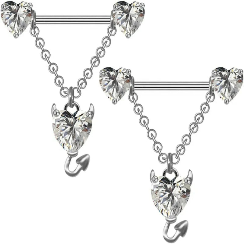 14G Devil Heart Dangle Nipple Ring Stainless Steel Sparkling Barbell Body Jewelry