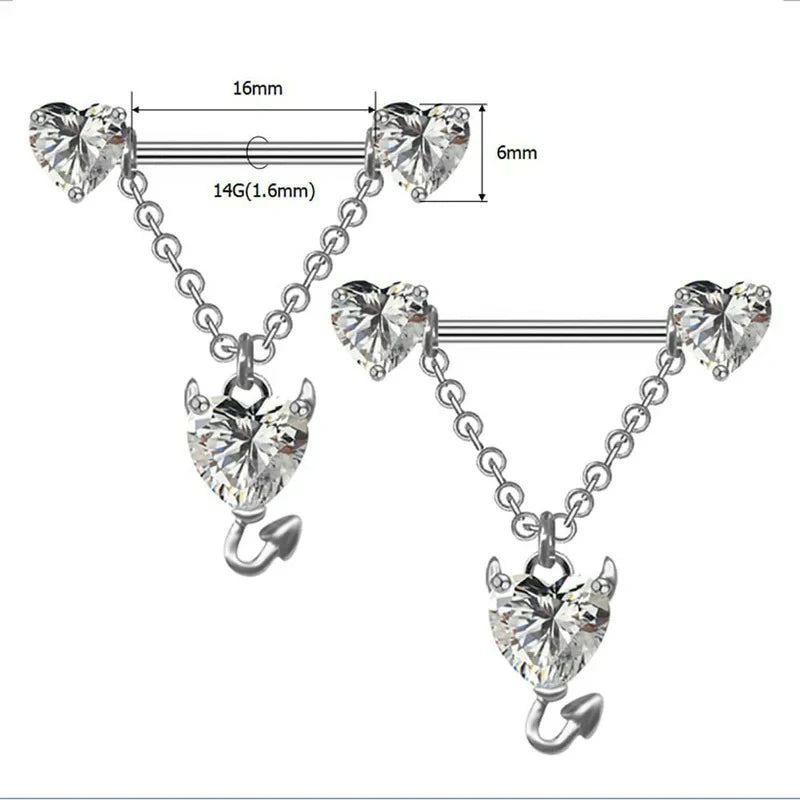 14G Devil Heart Dangle Nipple Ring Stainless Steel Sparkling Barbell Body Jewelry