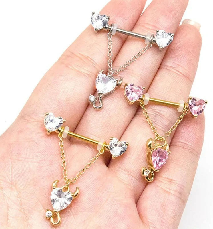 14G Devil Heart Dangle Nipple Ring Stainless Steel Sparkling Barbell Body Jewelry