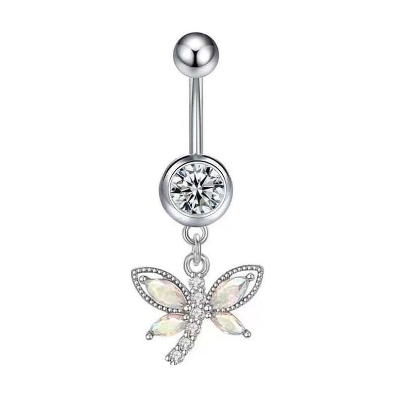 14G Dragonfly Dangle Belly Button Rings Stainless Steel CZ Paved Dragonfly - QIAO CrystalQIAO CrystalQIAO Crystal
