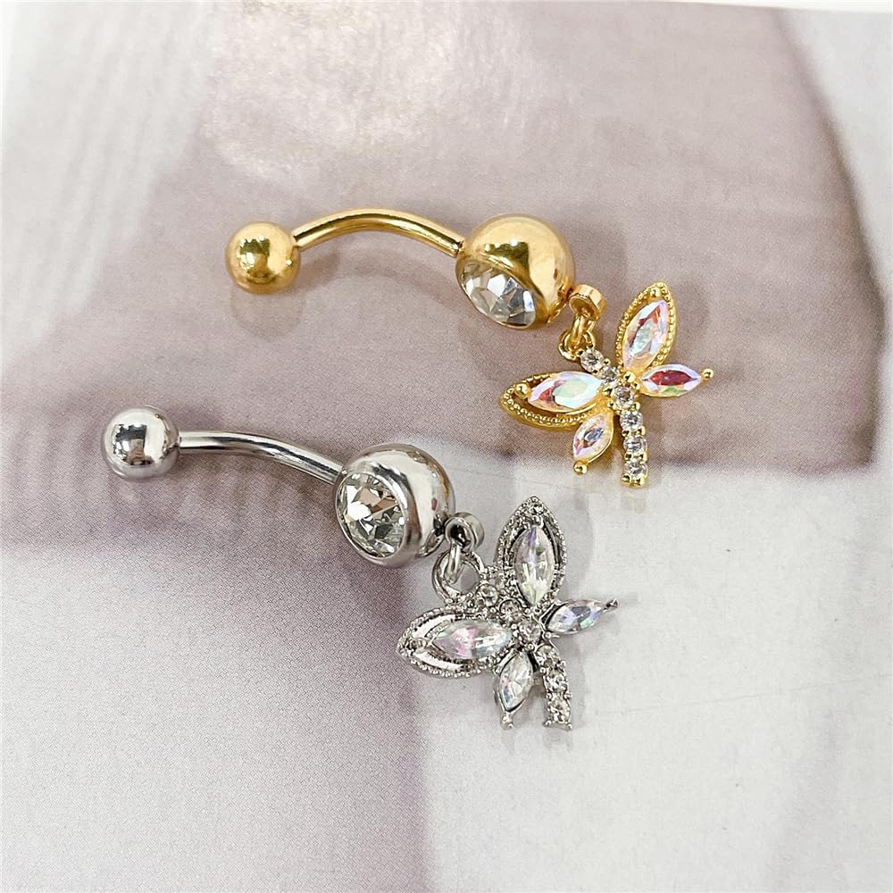 14G Dragonfly Dangle Belly Button Rings Stainless Steel CZ Paved Dragonfly - QIAO CrystalQIAO CrystalQIAO Crystal