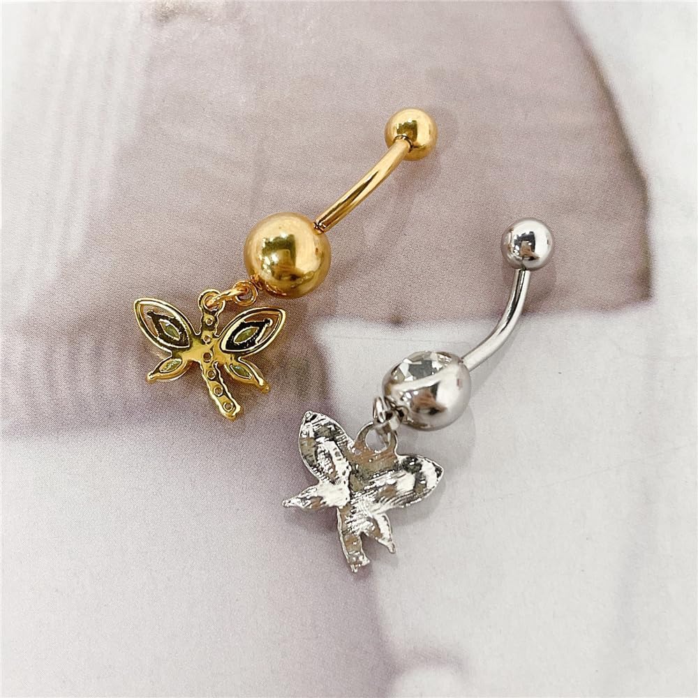 14G Dragonfly Dangle Belly Button Rings Stainless Steel CZ Paved Dragonfly - QIAO CrystalQIAO CrystalQIAO Crystal