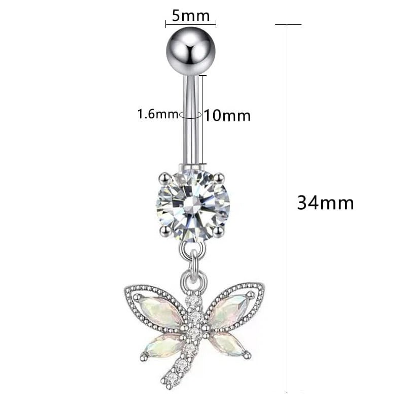14G Dragonfly Dangle Belly Button Rings Stainless Steel CZ Paved Dragonfly - QIAO CrystalQIAO CrystalQIAO Crystal