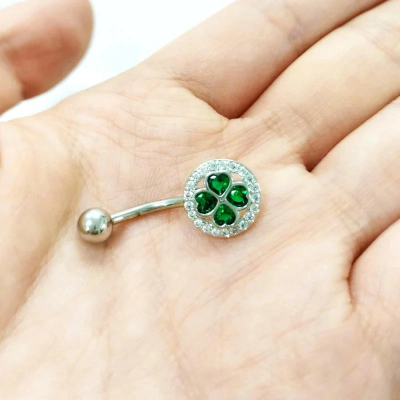 14G Four Leaf Clover Belly Button Rings for Women Stainless Steel Green CZ Halo