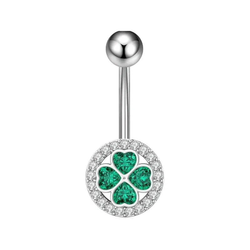 14G Four Leaf Clover Belly Button Rings for Women Stainless Steel Green CZ Halo