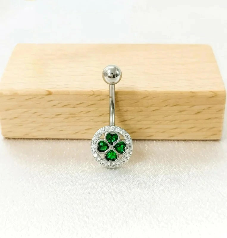 14G Four Leaf Clover Belly Button Rings for Women Stainless Steel Green CZ Halo