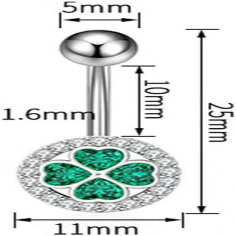 14G Four Leaf Clover Belly Button Rings for Women Stainless Steel Green CZ Halo