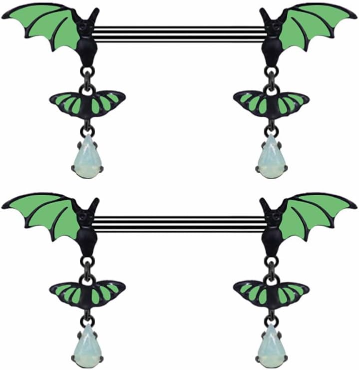 14G Green Bat Dangle Nipple Rings for Women 316L Stainless Steel Glow - In - The - Dark Nipplerings Nipple Studs Barbell Halloween Statement Nipple Piercing Jewelry - QIAO CrystalQIAO CrystalQIAO Crystal