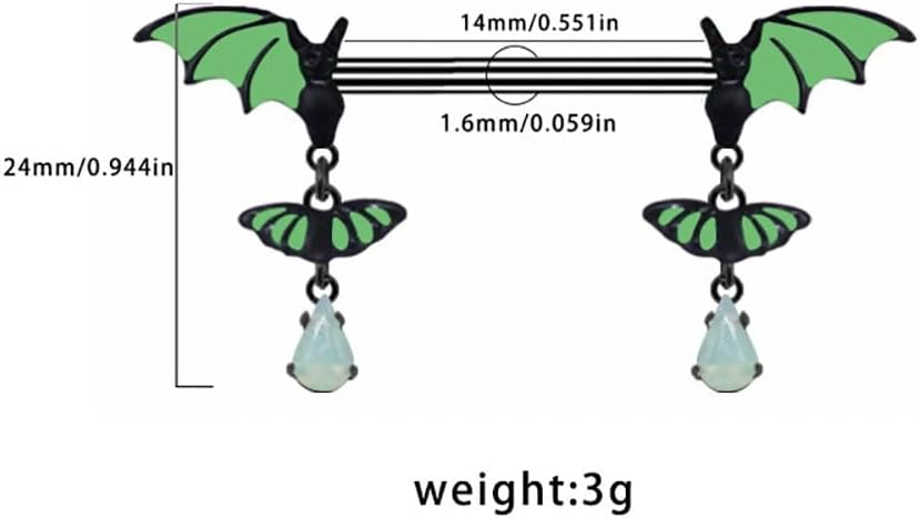 14G Green Bat Dangle Nipple Rings for Women 316L Stainless Steel Glow - In - The - Dark Nipplerings Nipple Studs Barbell Halloween Statement Nipple Piercing Jewelry - QIAO CrystalQIAO CrystalQIAO Crystal