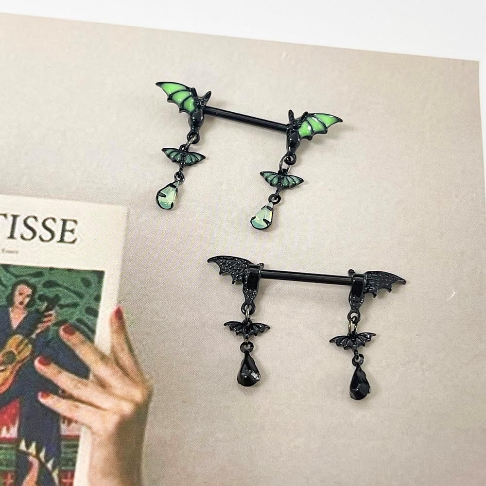 14G Green Bat Dangle Nipple Rings for Women 316L Stainless Steel Glow - In - The - Dark Nipplerings Nipple Studs Barbell Halloween Statement Nipple Piercing Jewelry - QIAO CrystalQIAO CrystalQIAO Crystal
