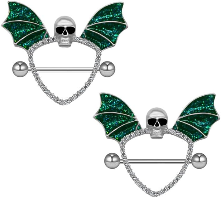 14G Green Bat Skull Nipple Rings for Women Surgical Stainless Steel Skeleton Nipplerings Nipple Studs Barbells Halloween Body Piercing Jewelry - QIAO CrystalQIAO CrystalQIAO Crystal