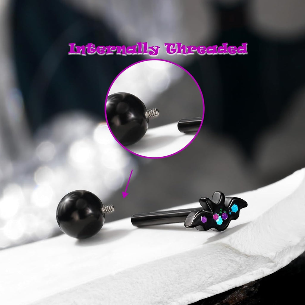 14G Halloween Bat Spider Tongue Bar - 316L Stainless Steel, Internally Threaded Black Tongue Piercing Jewelry - QIAO CrystalQIAO CrystalQIAO Crystal
