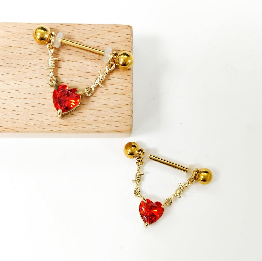 14G Heart Dangle Nipple Rings for Women Stainless Steel Gold Plated Red CZ Dangle Nipplerings Nipple Stud Barbell Body Piercing Jewelry - QIAO CrystalQIAO CrystalQIAO Crystal