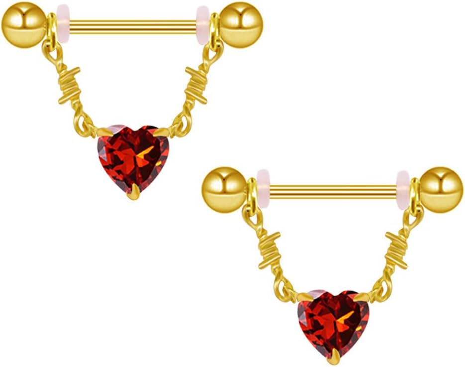 14G Heart Dangle Nipple Rings for Women Stainless Steel Gold Plated Red CZ Dangle Nipplerings Nipple Stud Barbell Body Piercing Jewelry - QIAO CrystalQIAO CrystalQIAO Crystal