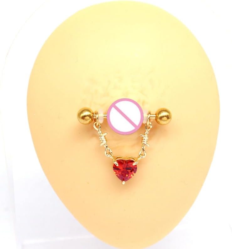 14G Heart Dangle Nipple Rings for Women Stainless Steel Gold Plated Red CZ Dangle Nipplerings Nipple Stud Barbell Body Piercing Jewelry - QIAO CrystalQIAO CrystalQIAO Crystal