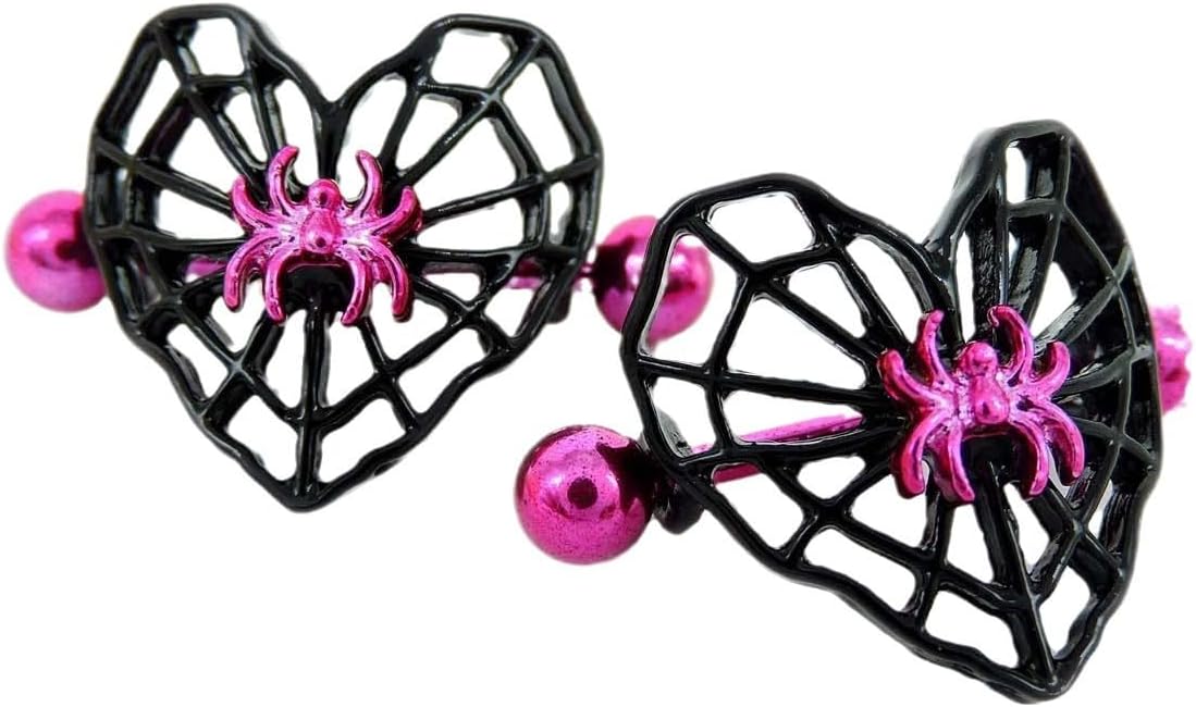 14G Heart Spider Web Nipple Rings for Women 316L Stainless Steel Black Spider Web Nipplerings Nipple Piercing Barbell Nipple Shield Studs Halloween Body Piercing Jewelry - QIAO CrystalQIAO CrystalQIAO Crystal