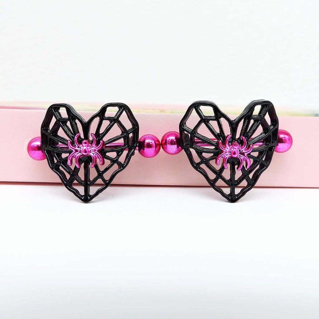 14G Heart Spider Web Nipple Rings for Women 316L Stainless Steel Black Spider Web Nipplerings Nipple Piercing Barbell Nipple Shield Studs Halloween Body Piercing Jewelry - QIAO CrystalQIAO CrystalQIAO Crystal