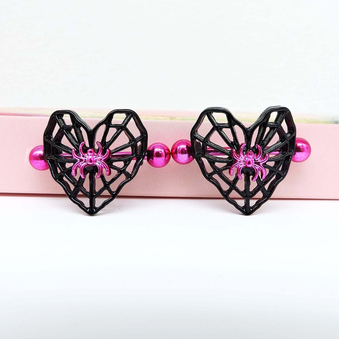14G Heart Spider Web Nipple Rings for Women 316L Stainless Steel Black Spider Web Nipplerings Nipple Piercing Barbell Nipple Shield Studs Halloween Body Piercing Jewelry - QIAO CrystalQIAO CrystalQIAO Crystal