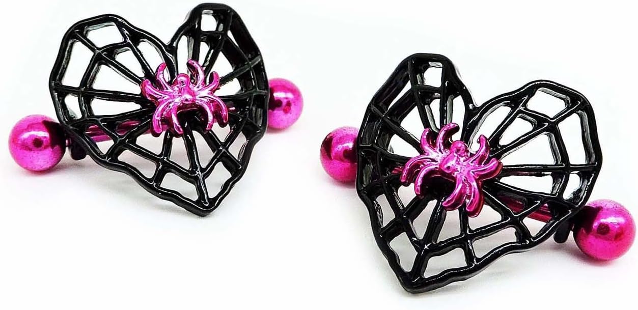 14G Heart Spider Web Nipple Rings for Women 316L Stainless Steel Black Spider Web Nipplerings Nipple Piercing Barbell Nipple Shield Studs Halloween Body Piercing Jewelry - QIAO CrystalQIAO CrystalQIAO Crystal