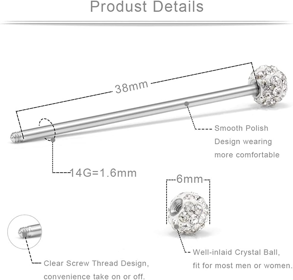 14g Industrial Piercing Jewelry Barbell Surgical Steel Cartilage Earrings CZ Industrial Earring - QIAO CrystalQIAO CrystalQIAO Crystal