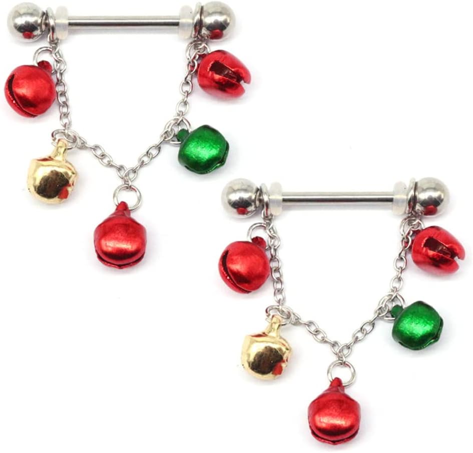 14G Jingle Bell Dangle Nipple Rings Stainless Steel Hoop Earrings Nipple Tongue Ring Barbell Piercing Red Green Ball Bead Christmas Nipple Piercing Jewelry for Women - 我的商店我的商店我的商店