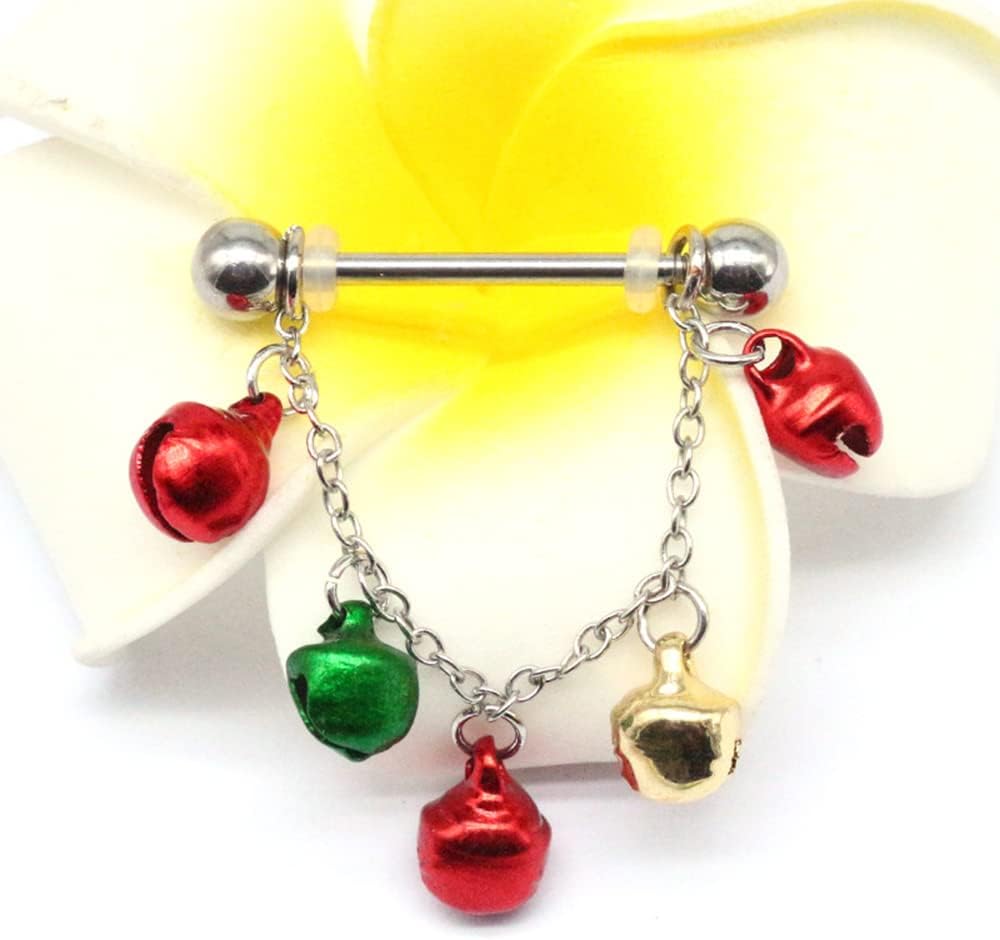 14G Jingle Bell Dangle Nipple Rings Stainless Steel Hoop Earrings Nipple Tongue Ring Barbell Piercing Red Green Ball Bead Christmas Nipple Piercing Jewelry for Women - 我的商店我的商店我的商店