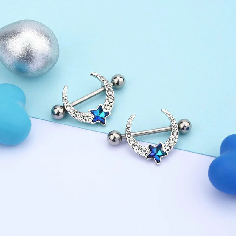 14G Nipple Piercing 316L Surgical Steel Barbell with Clear CZ Moon Blue Star