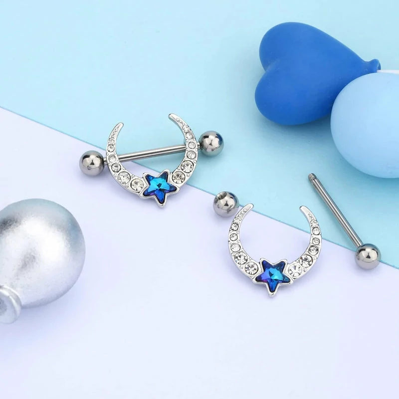 14G Nipple Piercing 316L Surgical Steel Barbell with Clear CZ Moon Blue Star