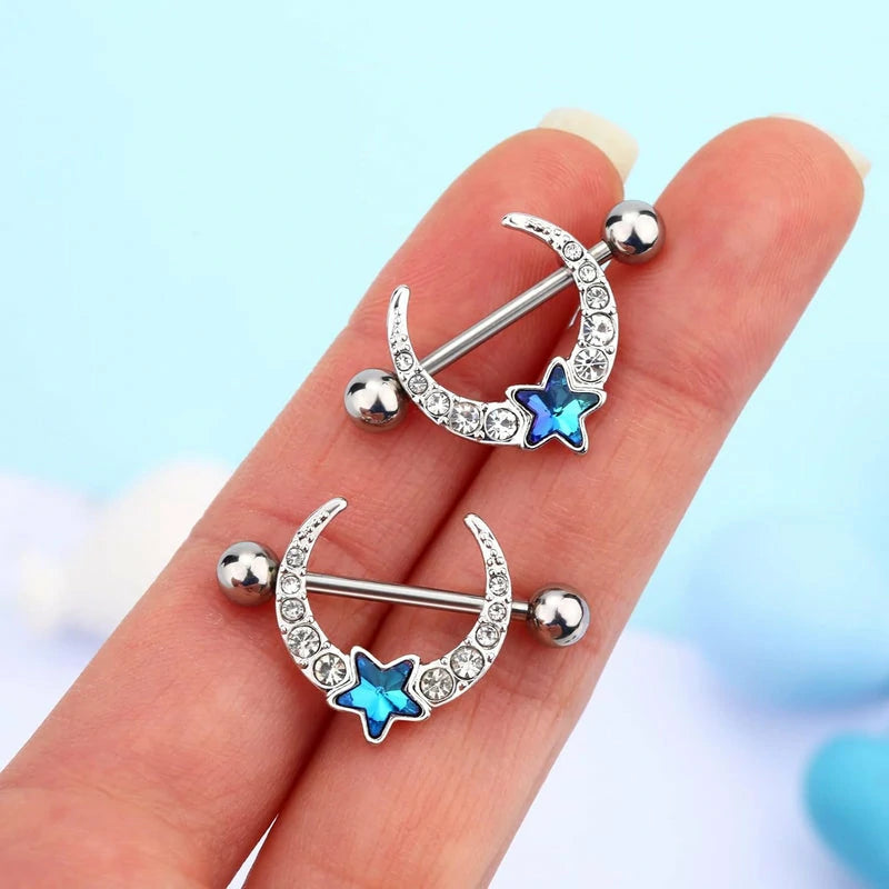 14G Nipple Piercing 316L Surgical Steel Barbell with Clear CZ Moon Blue Star