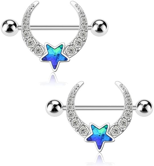  14G Nipple Piercing Jewelry, 316L Surgical Steel Barbell with Clear CZ Moon Blue Star, Unisex Piercing Jewelry for Women and Men - QIAO CrystalQIAO CrystalQIAO Crystal