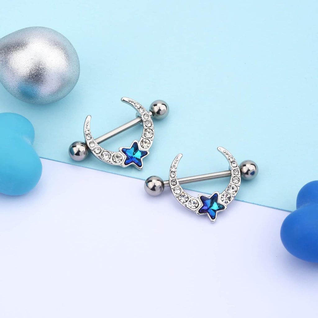 14G Nipple Piercing Jewelry, 316L Surgical Steel Barbell with Clear CZ Moon Blue Star, Unisex Piercing Jewelry for Women and Men - QIAO CrystalQIAO CrystalQIAO Crystal
