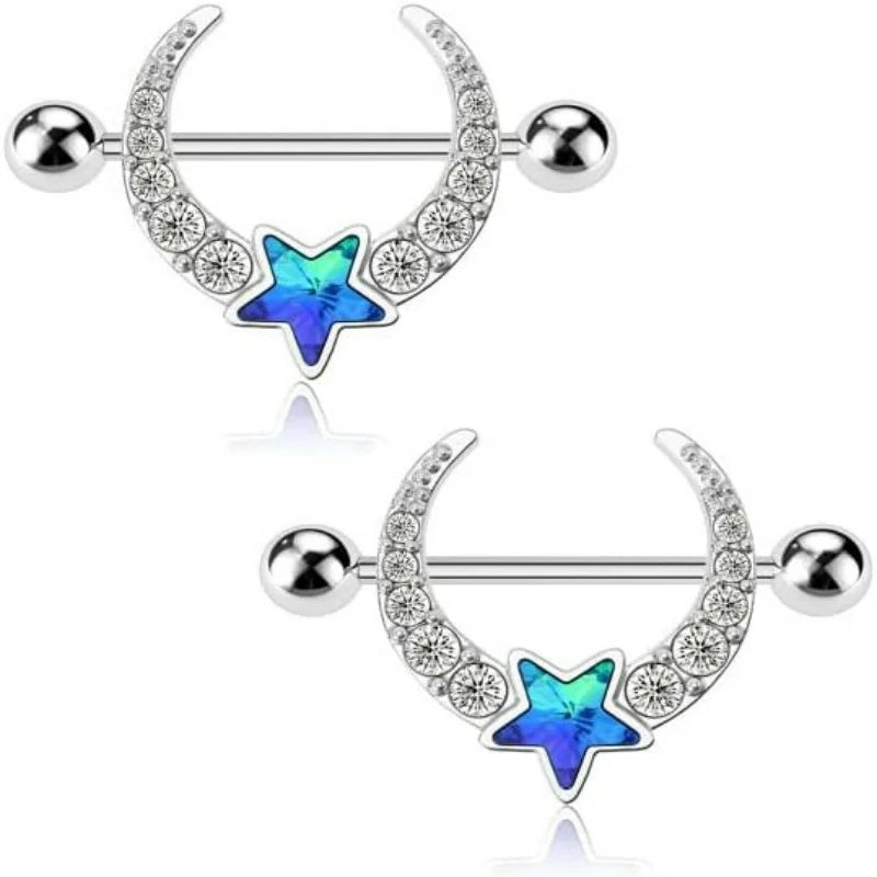 14G Nipple Piercing 316L Surgical Steel Barbell with Clear CZ Moon Blue Star