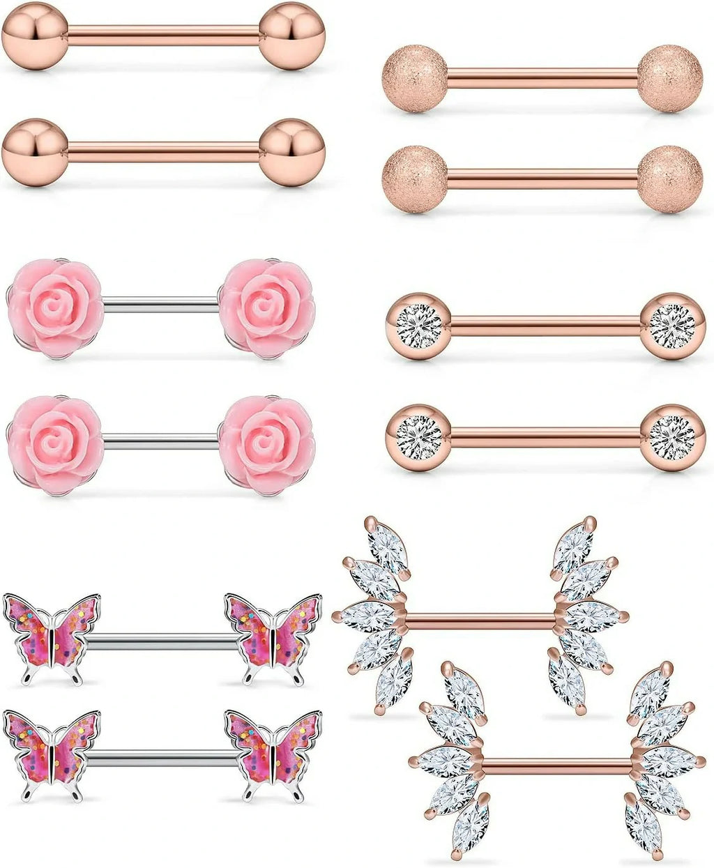 14G Nipple Rings Butterfly & Flower Piercing Jewelry - Surgical Steel, Cubic Zirconia, Silver, Black, Rainbow, Rose Gold