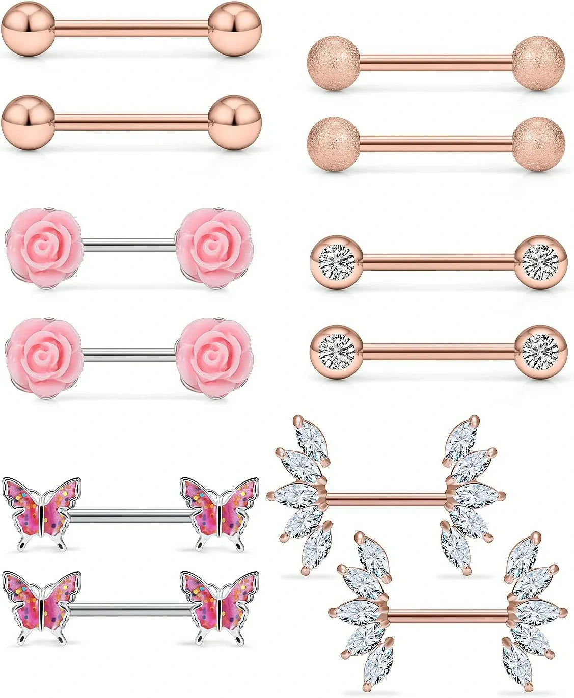 14G Nipple Rings Butterfly & Flower Piercing Jewelry - Surgical Steel, Cubic Zirconia, Silver, Black, Rainbow, Rose Gold