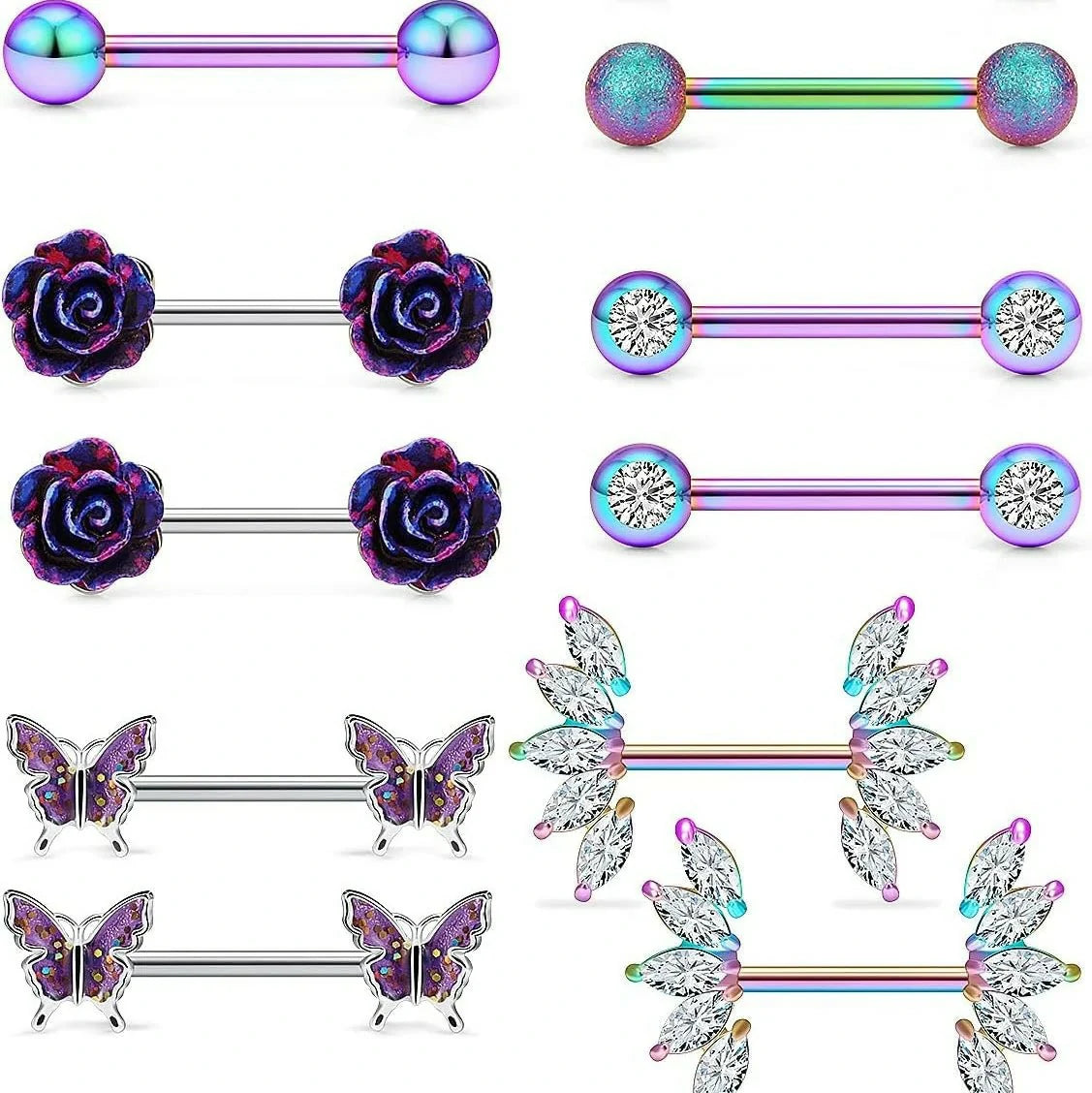 14G Nipple Rings Butterfly & Flower Piercing Jewelry - Surgical Steel, Cubic Zirconia, Silver, Black, Rainbow, Rose Gold