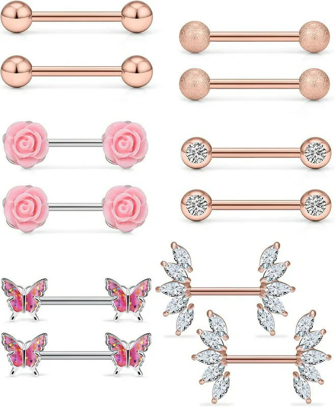 14G Nipple Rings Butterfly & Flower Piercing Jewelry - Surgical Steel, Cubic Zirconia, Silver, Black, Rainbow, Rose Gold