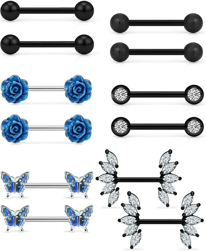 14G Nipple Rings Butterfly & Flower Piercing Jewelry - Surgical Steel, Cubic Zirconia, Silver, Black, Rainbow, Rose Gold